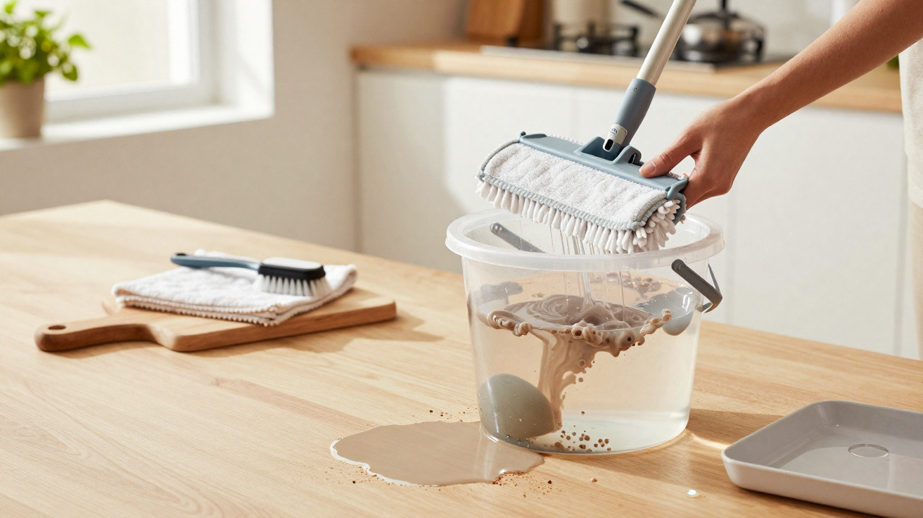 Hand dipping a mop into a bucket with dirty water spilling onto a wooden kitchen table.