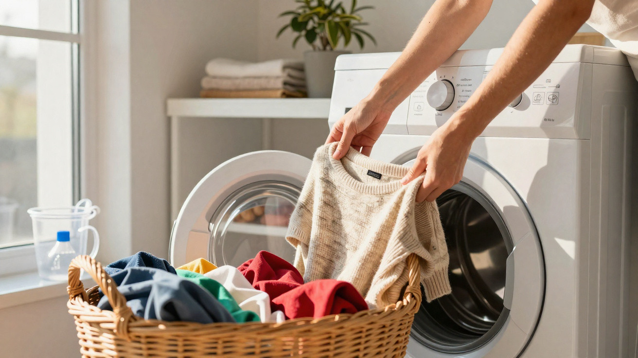 Person loading a beige sweater into a front-loading washing machine with a laundry basket full of clothes.