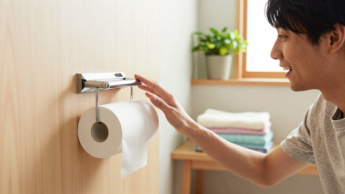 Man reaching to grab toilet paper from a wall-mounted holder in a clean bathroom with folded towels in background.