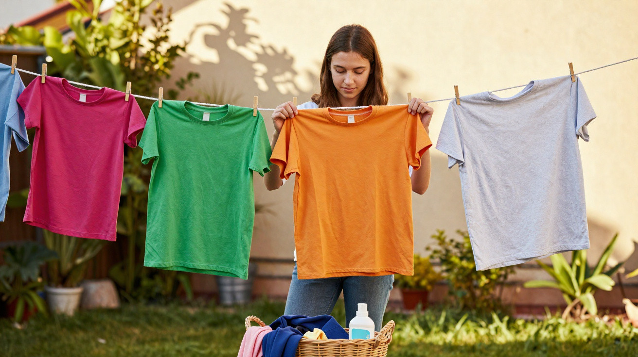Young woman hanging colourful t-shirts on a clothesline outdoors in a garden on a sunny day.