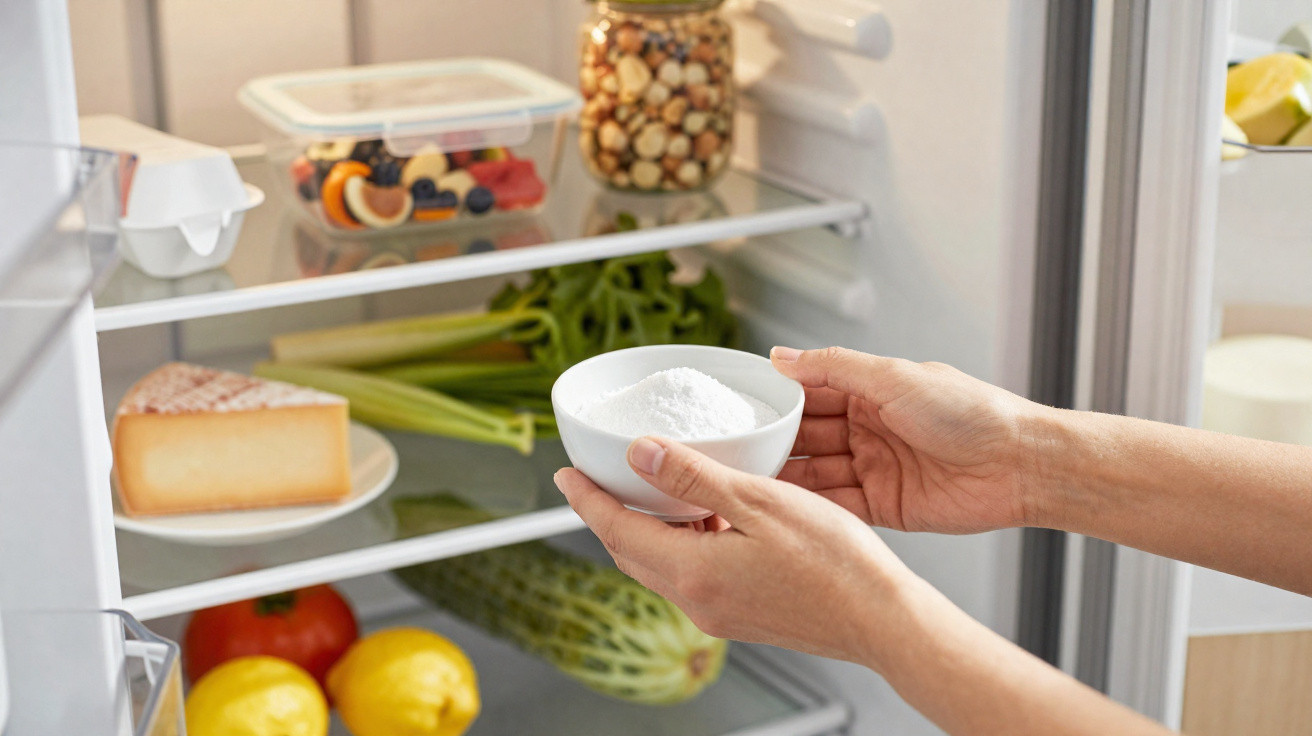 Hands holding a bowl of baking soda inside a fridge with fruit, vegetables, cheese, and nuts.