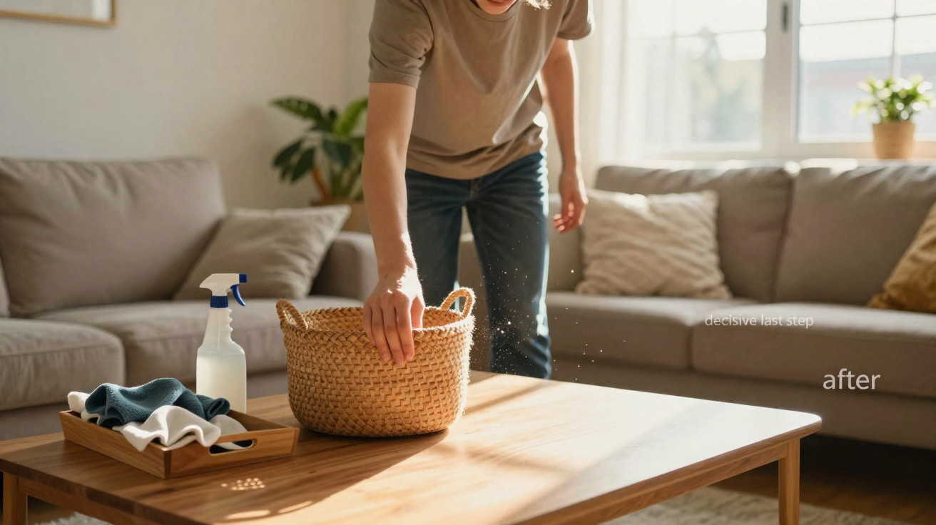 Person dusting a wooden coffee table in a sunlit living room with a sofa in the background.