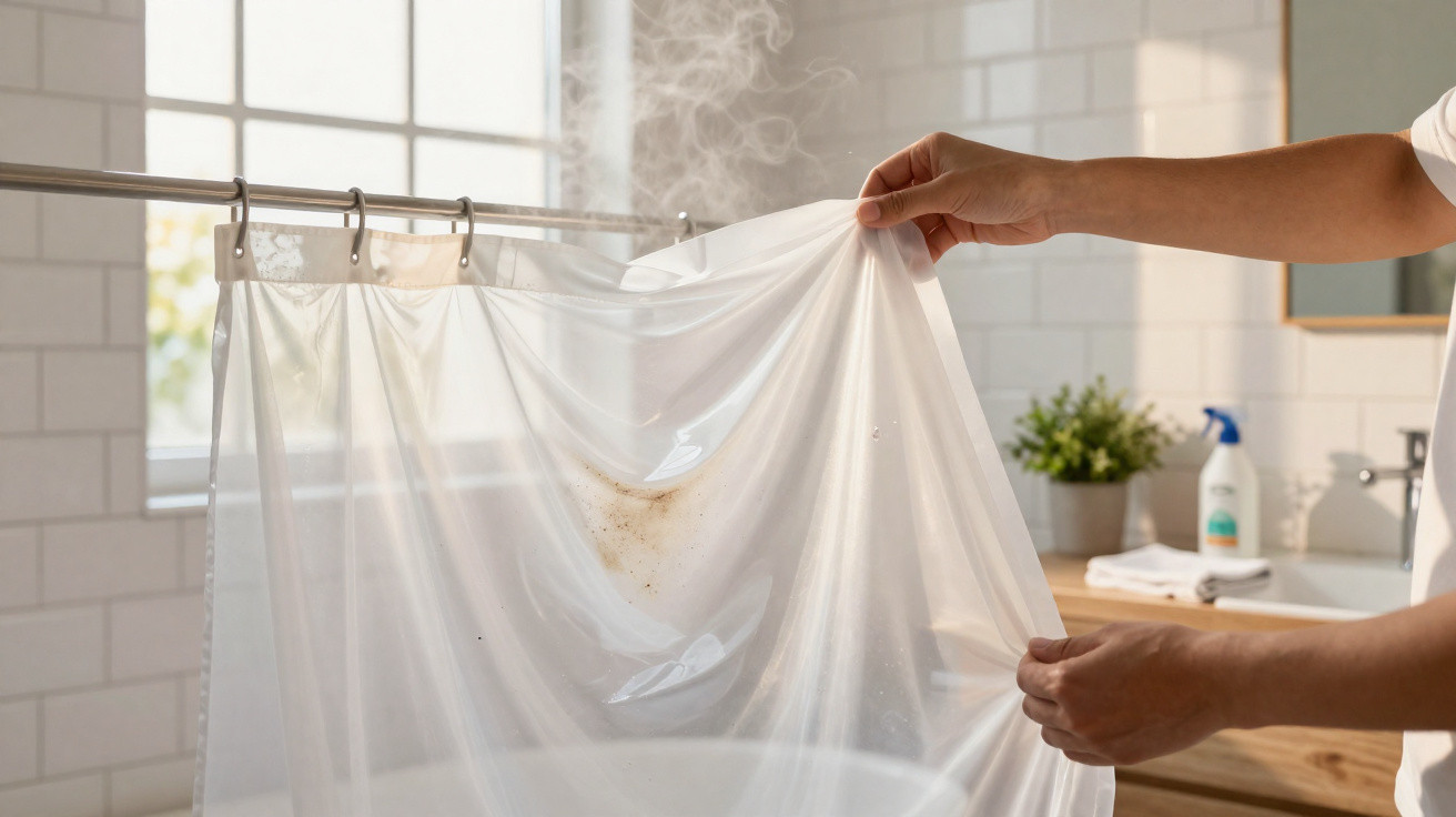 Hands holding a translucent shower curtain with a brown stain and steam in a bright bathroom.