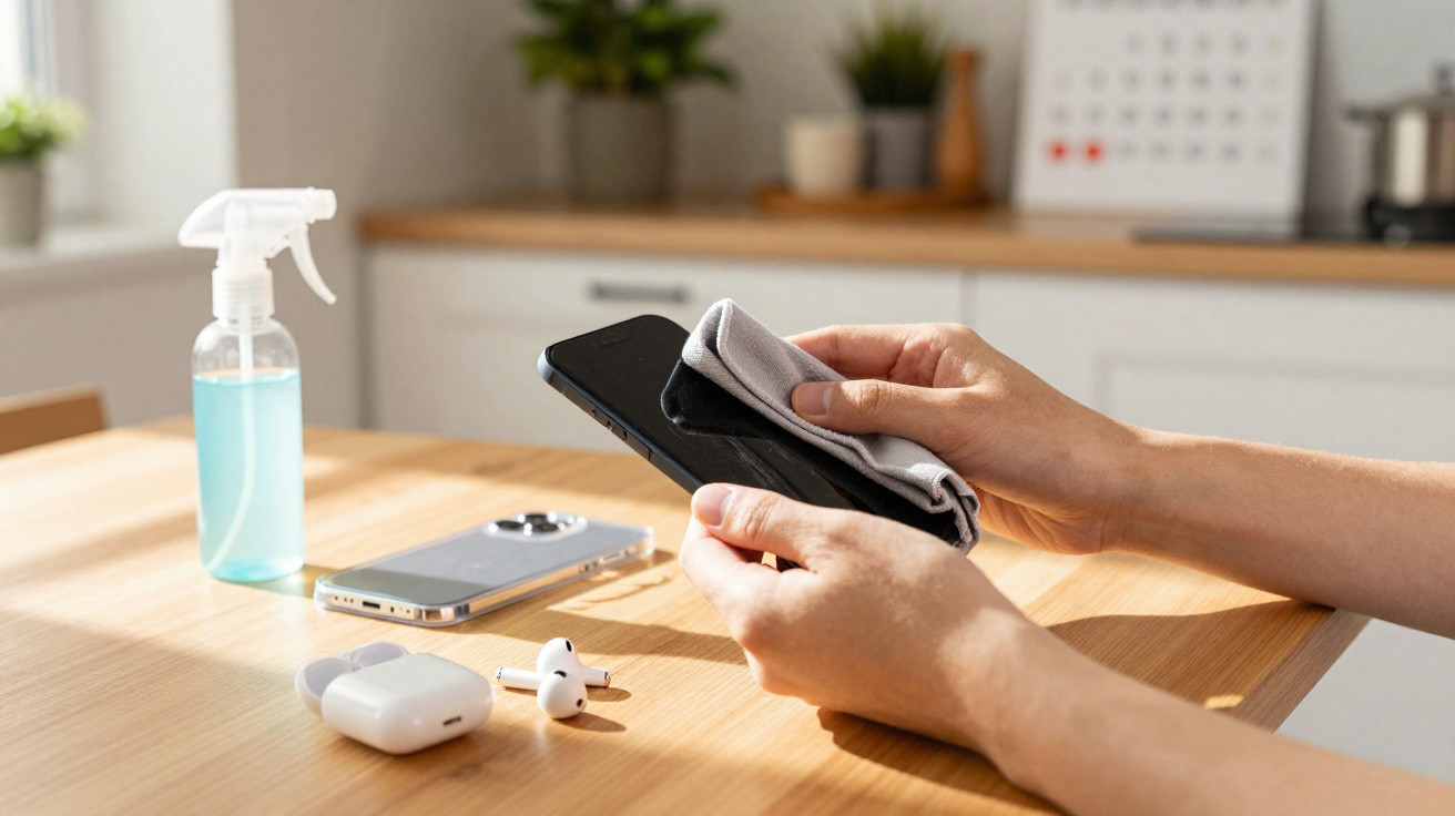 Person cleaning a smartphone screen with a cloth on a wooden table with earphones and cleaning spray nearby