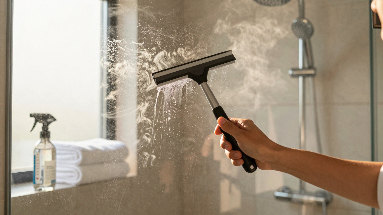 Hand using a squeegee to clean a steamy bathroom mirror with towels and spray bottle in the background.