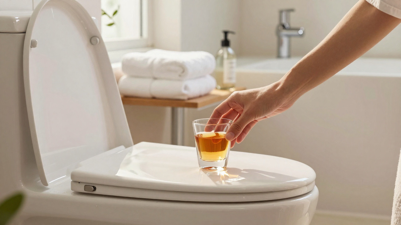 Hand placing a glass of amber liquid on a closed toilet seat in a bright bathroom.