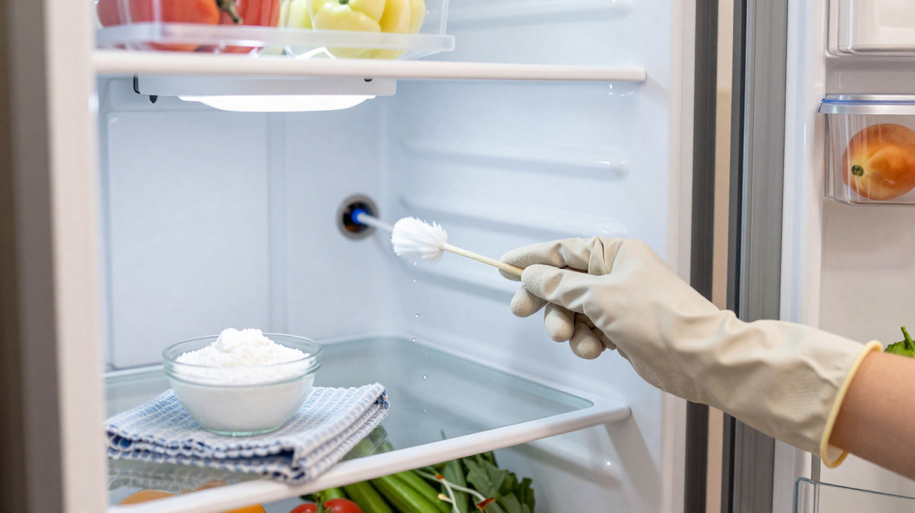 Hand in rubber glove cleaning fridge interior with brush near water drain hole and fresh vegetables inside.