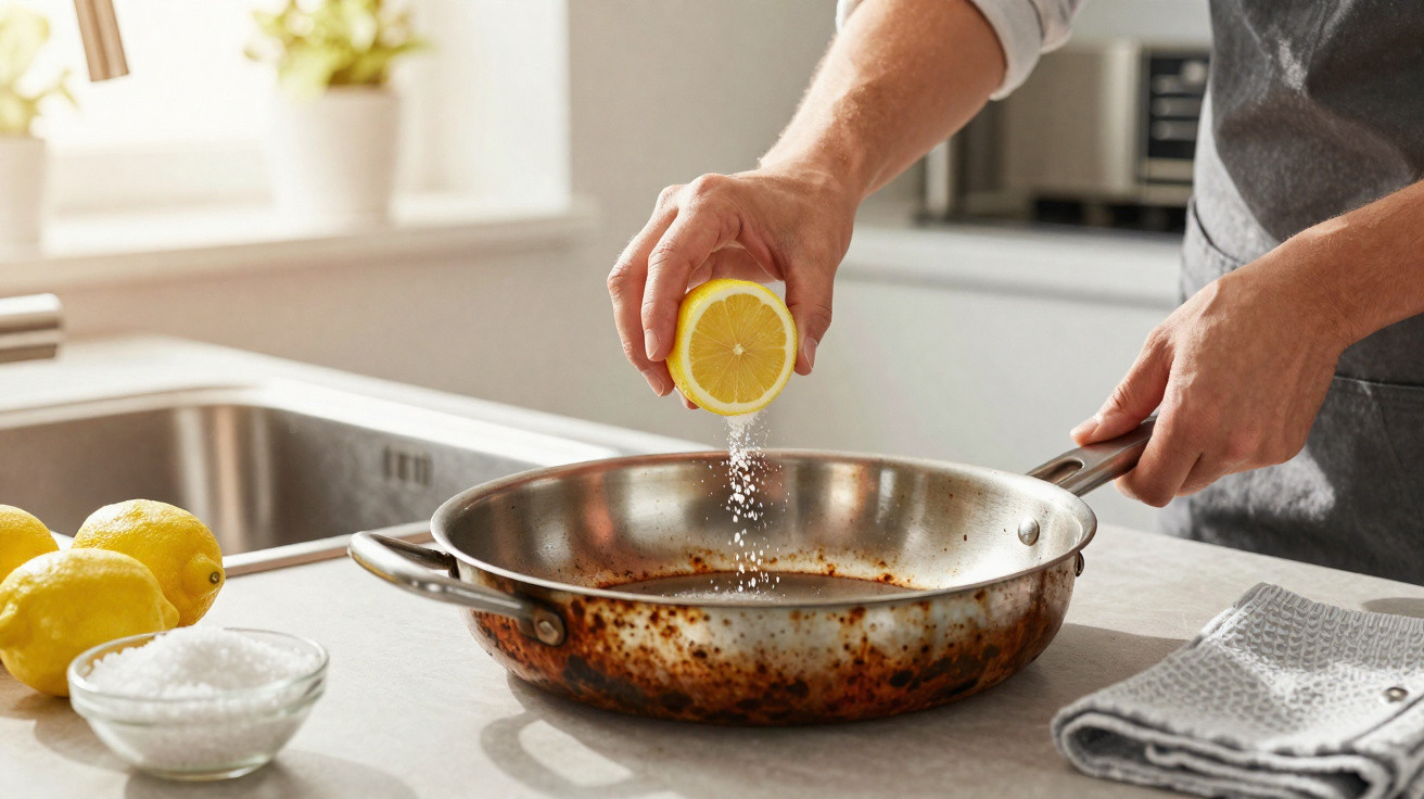 Person squeezing lemon juice into a frying pan on a kitchen countertop with lemons and salt nearby.