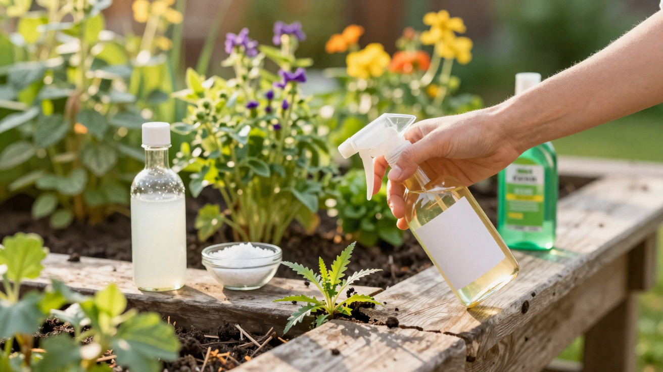 Hand spraying a garden plant with a spray bottle surrounded by gardening supplies and flowers in a raised bed.