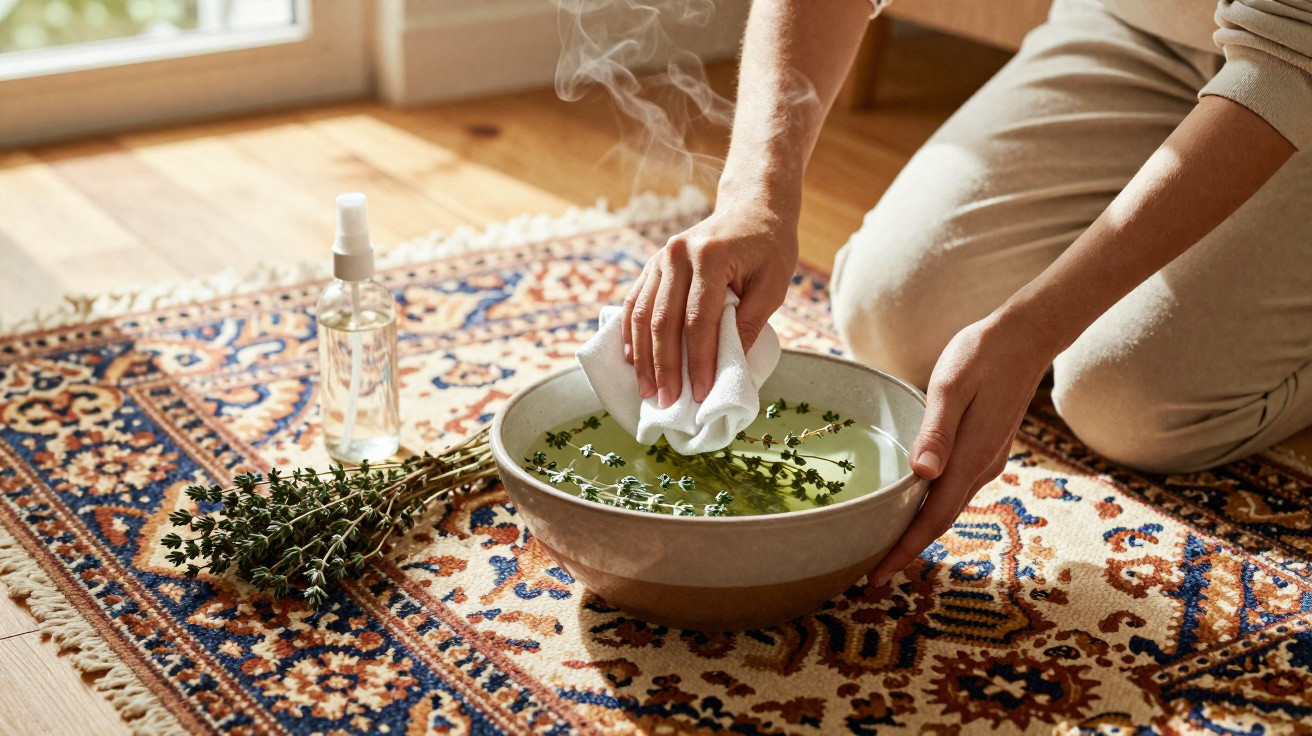 Person kneeling on a patterned rug, dipping a cloth into a bowl of water with herbs and a spray bottle nearby.