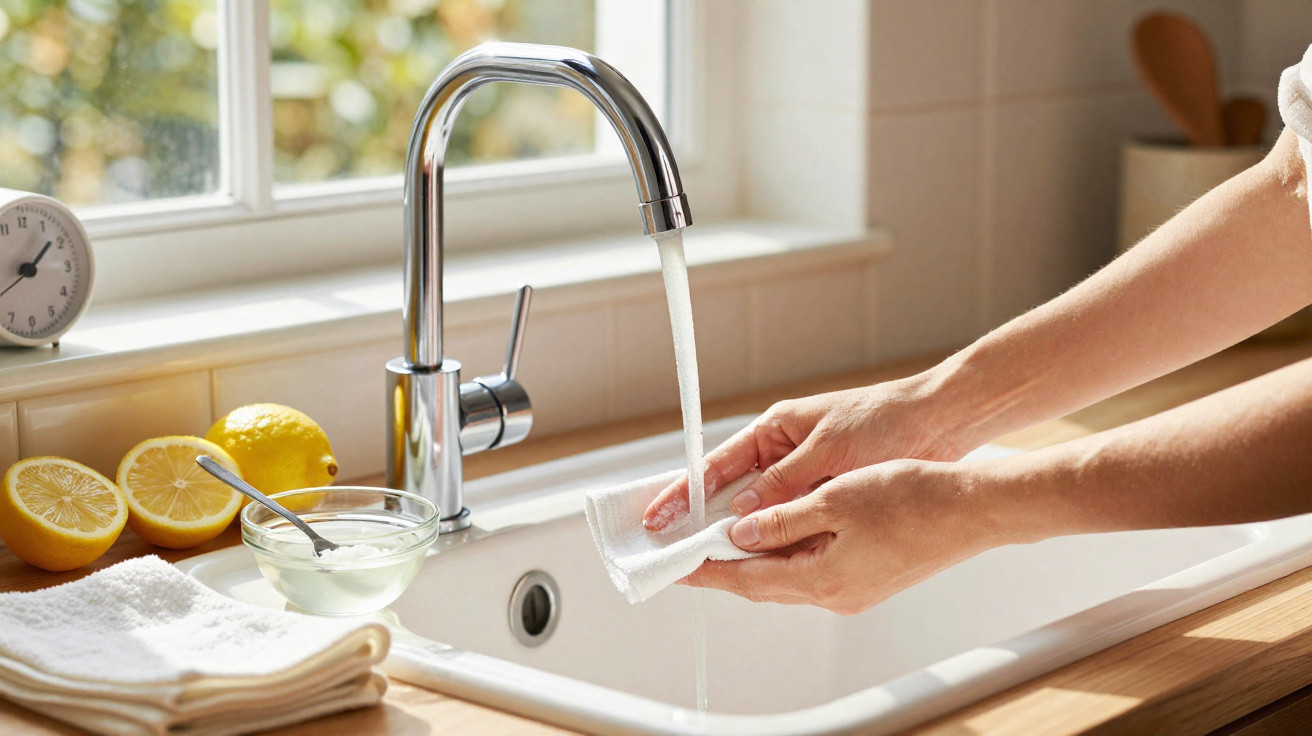 Hands washing a cloth under running water in a kitchen sink with lemons and a bowl of liquid nearby.