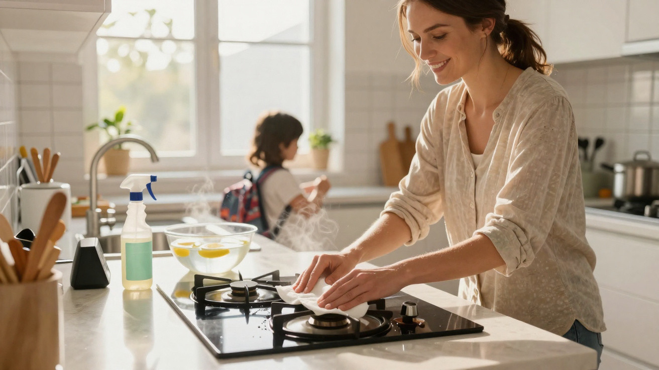 Woman cleaning a stove in a bright kitchen while a child with a backpack stands by the window in the background