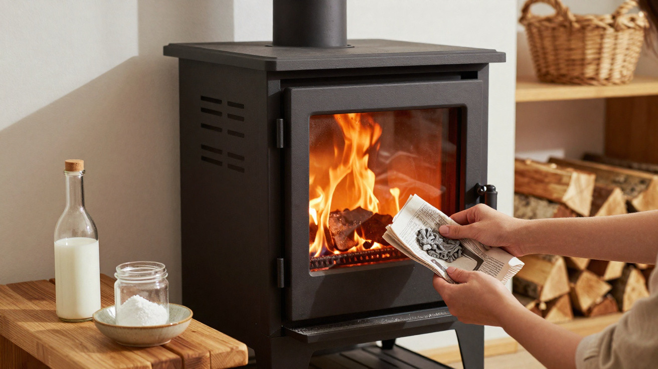 Hands holding paper next to a burning black wood stove in a cosy room with firewood and milk nearby