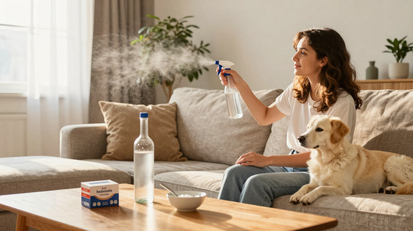 Woman sitting on a sofa with a dog spraying air freshener while sunlight shines through a window.
