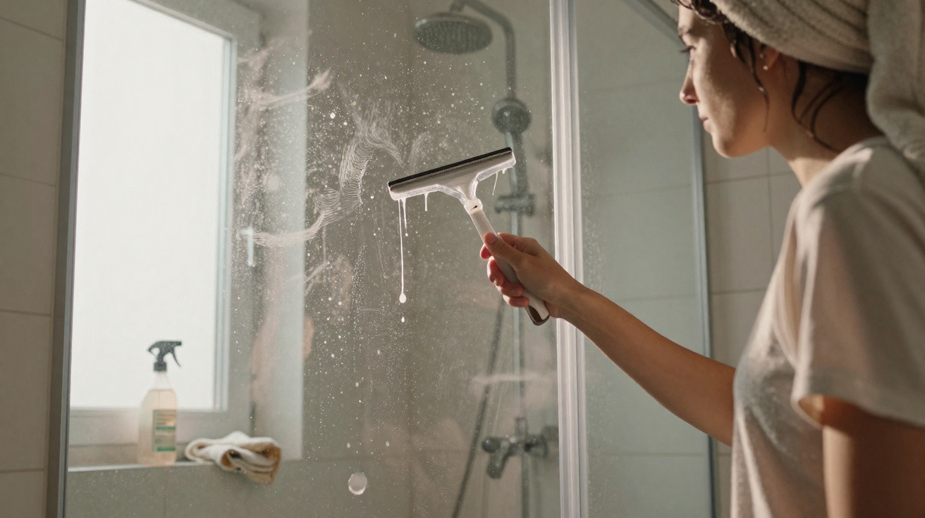 Woman with towel on head cleaning steamy shower door with squeegee in bright bathroom.