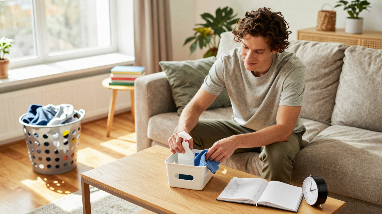 Young man cleaning a wooden coffee table with spray and cloth in a bright living room.