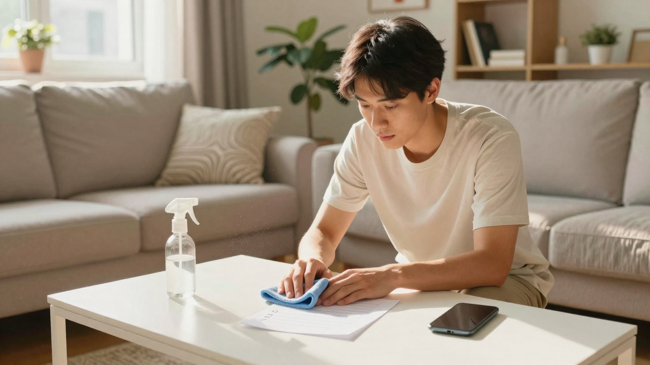 Young man cleaning papers on a white coffee table in a bright living room with a sofa and smartphone nearby.