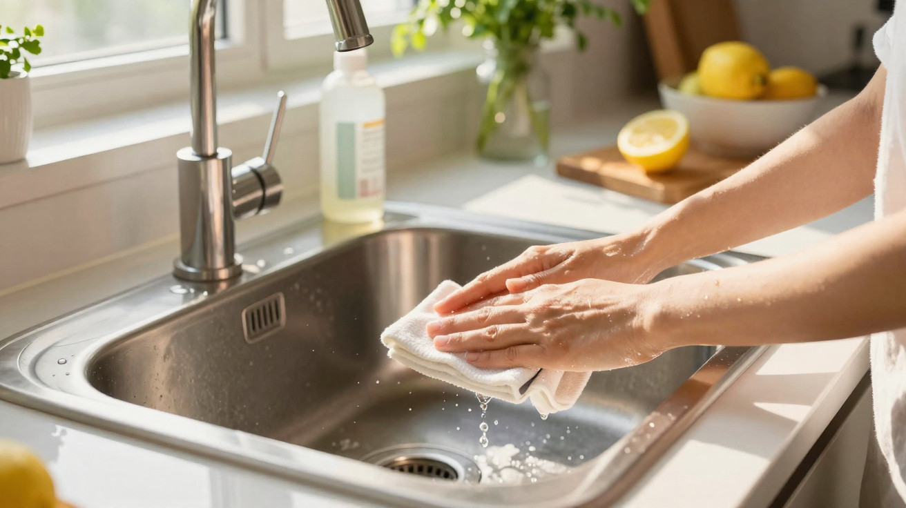 Person wringing out a wet cloth over a stainless steel kitchen sink with lemons in the background.