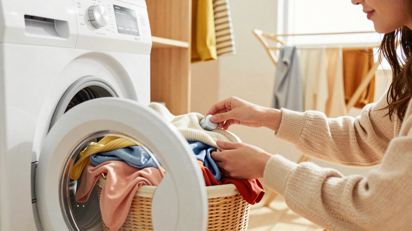 Woman turning the dial on a front-loading washing machine with a basket of colourful clothes nearby in a home laundry room.