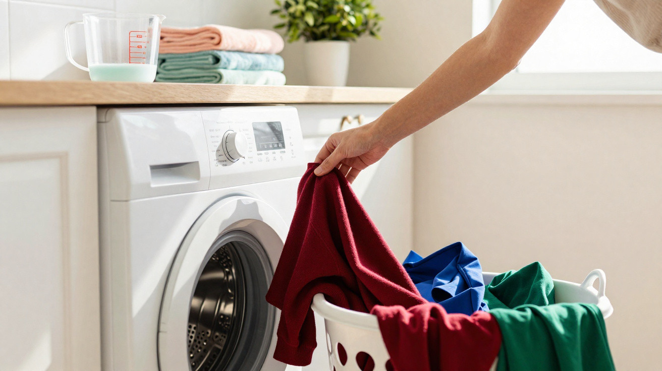 Person placing colourful clothes into a front-loading washing machine in a bright laundry room.