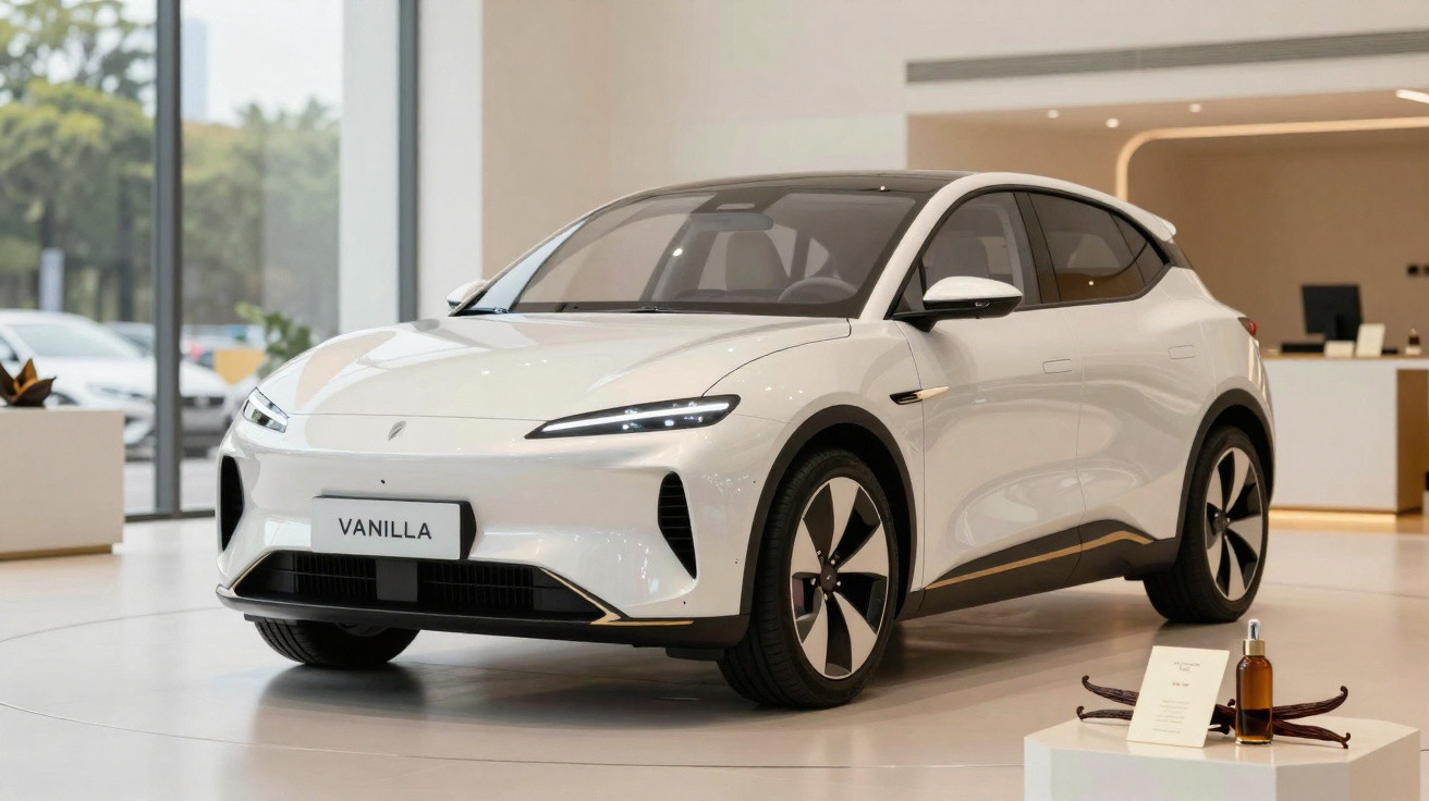 White electric SUV displayed indoors with modern design and sleek LED headlights labeled Vanilla.