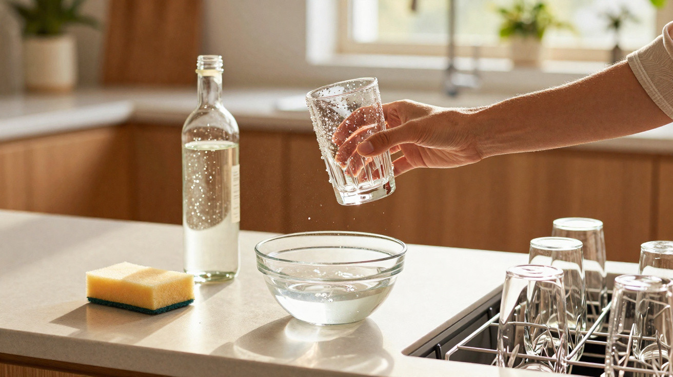 Hand holding a wet glass above a bowl on a kitchen counter with a sponge, bottle, and drying glasses nearby.