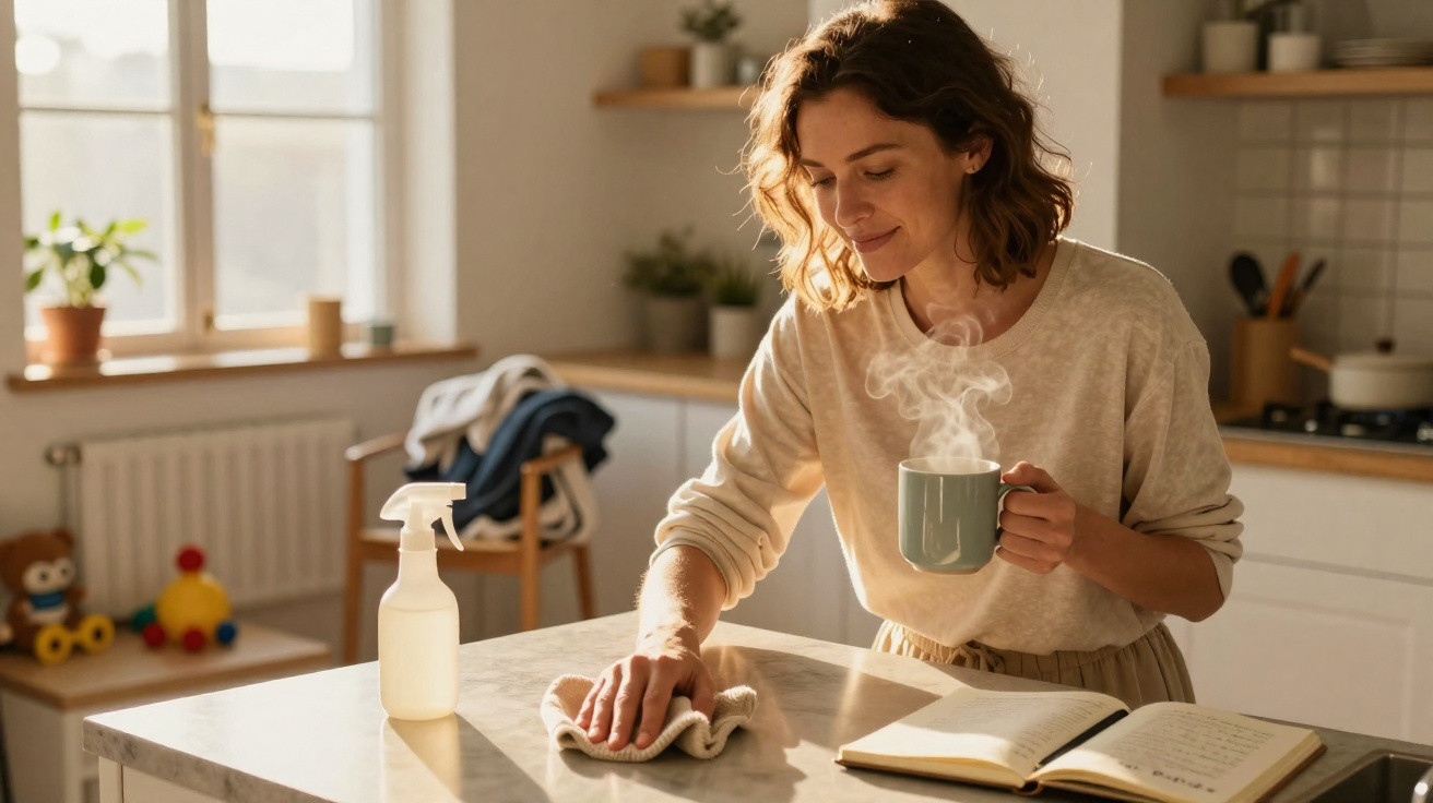 Woman holding a steaming mug while wiping a kitchen table with a cloth next to an open notebook and spray bottle.