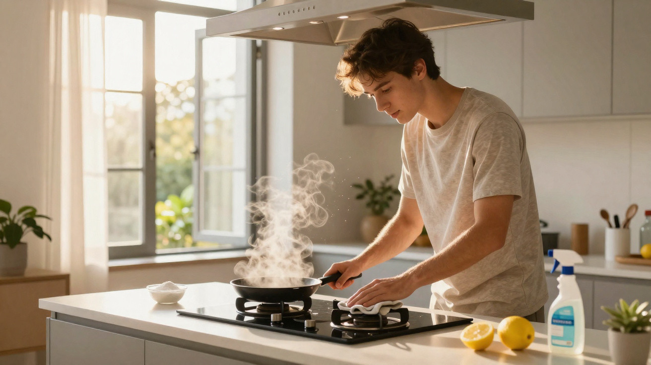Young man cooking on a modern gas stove in a bright kitchen with sunlight through open windows