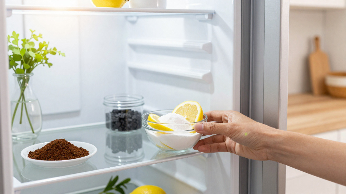Hand placing a glass bowl with lemon slices and ice cubes inside a refrigerator shelf.