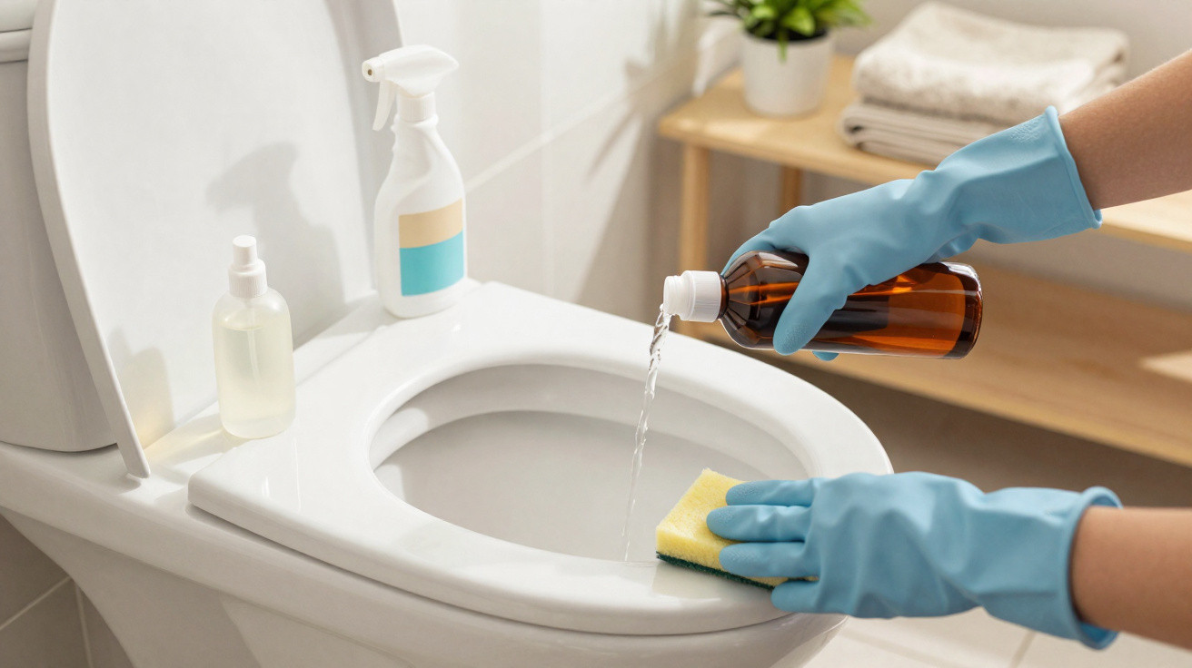 Person wearing blue gloves pouring cleaning liquid onto a sponge while cleaning a white toilet bowl.