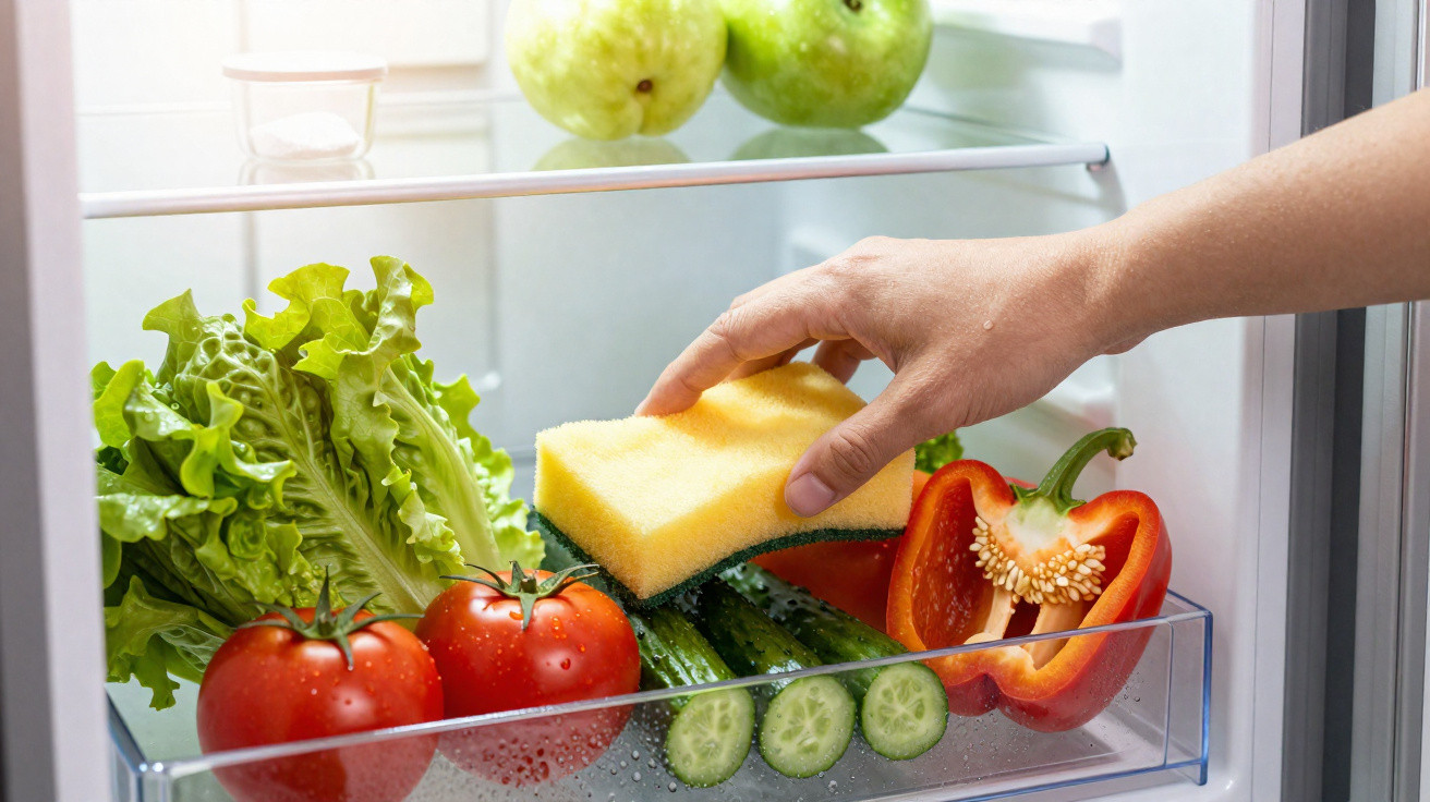 Hand cleaning fridge vegetable compartment with a yellow sponge, containing tomatoes, lettuce, cucumber, and a red bell peppe