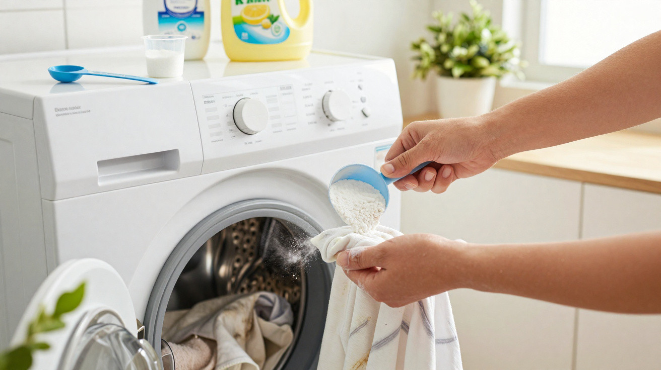 Person sprinkling detergent powder on a stained fabric over a front-loading washing machine in a bright laundry room.