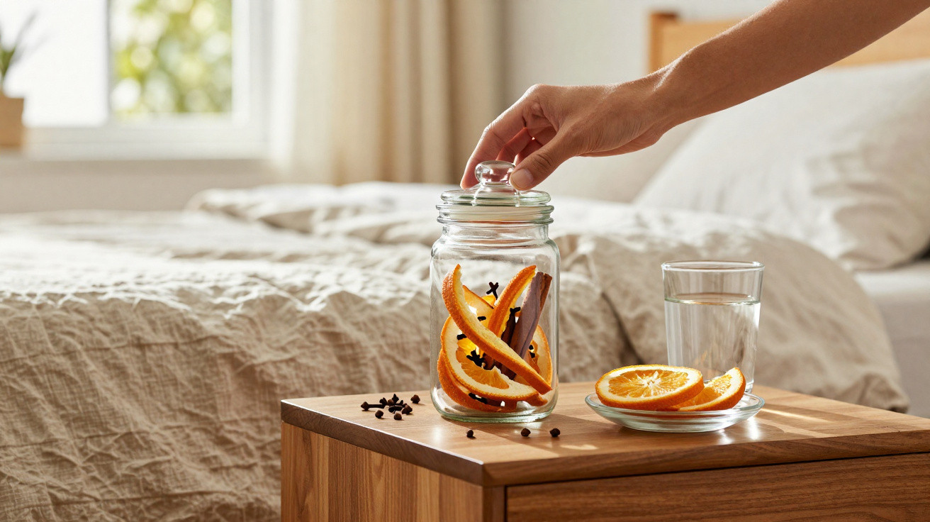 Hand placing lid on jar with dried orange slices and cloves on wooden bedside table next to glass of water.