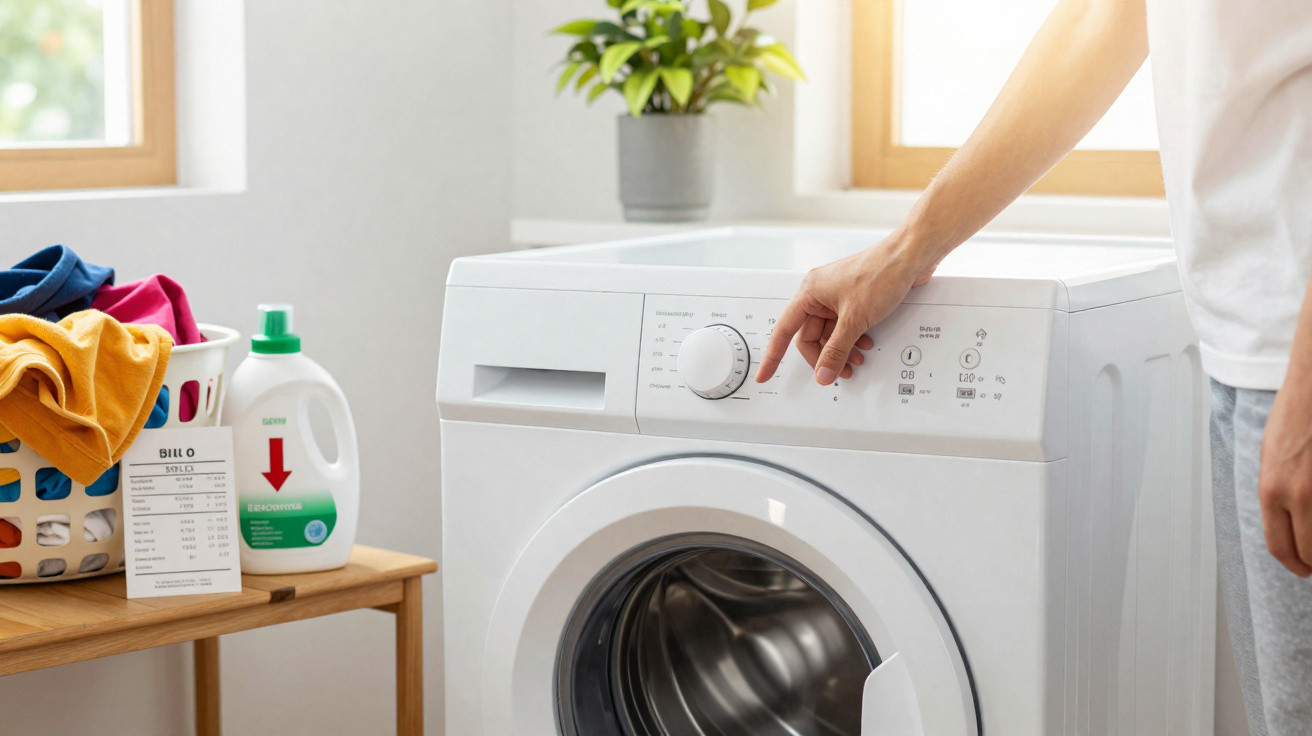 Person adjusting settings on a front-loading washing machine near a laundry basket and detergent bottle.