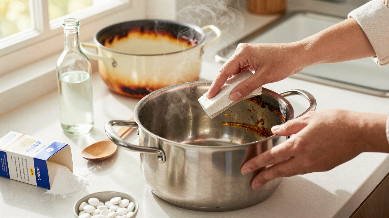 Person scrubbing burnt residue from a steaming stainless steel pot on a kitchen countertop.