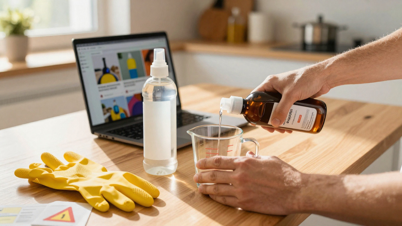 Person pouring liquid from brown bottle into measuring jug on wooden table with laptop and yellow gloves nearby