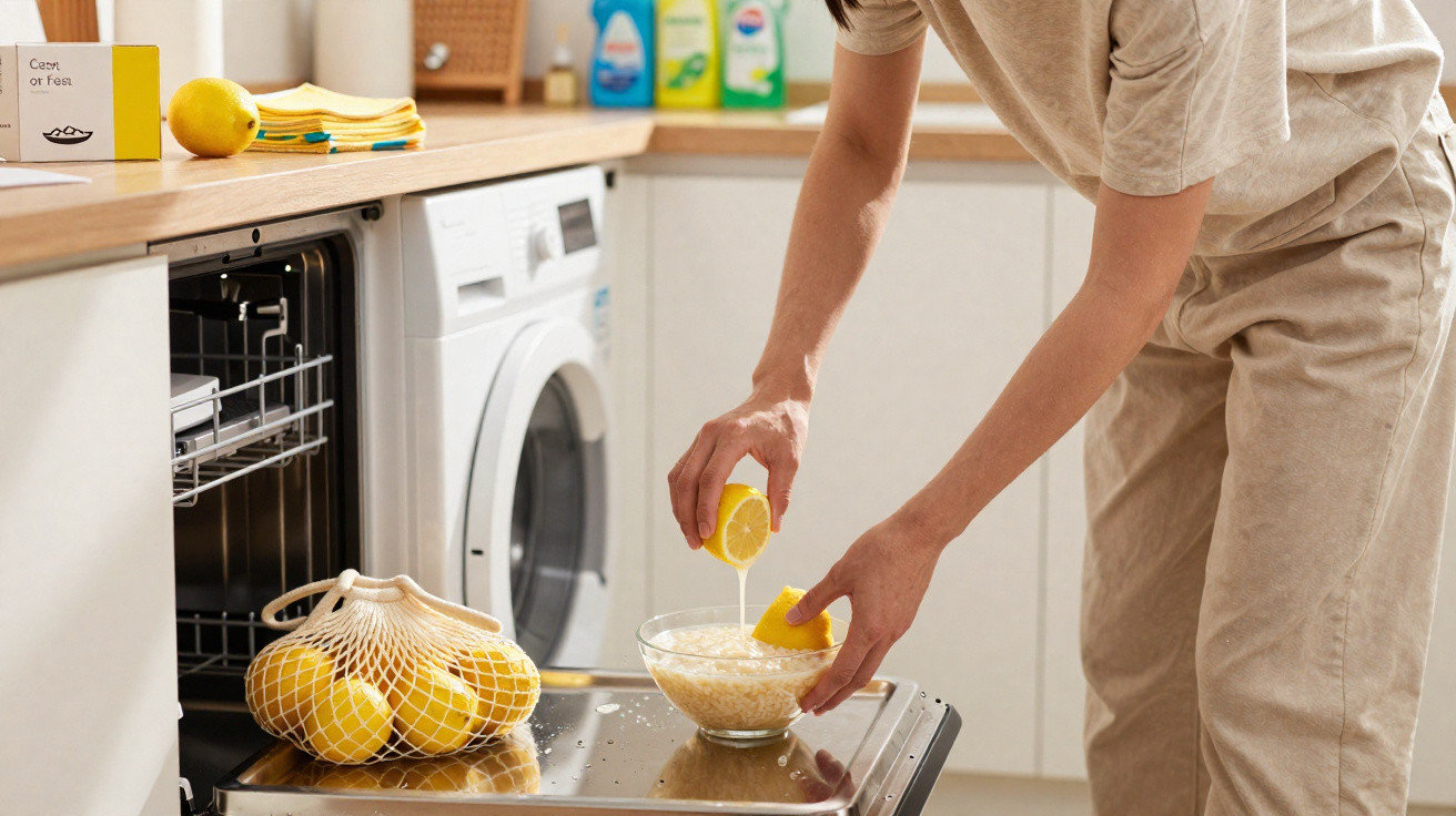 Person squeezing fresh lemon juice into a bowl in a bright kitchen with lemons and appliances visible