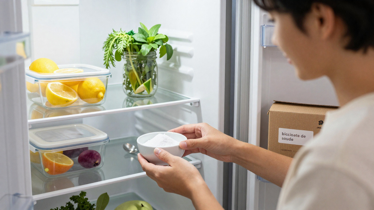 Person holding a bowl of white powder inside a fridge with lemons, herbs, and containers on shelves.