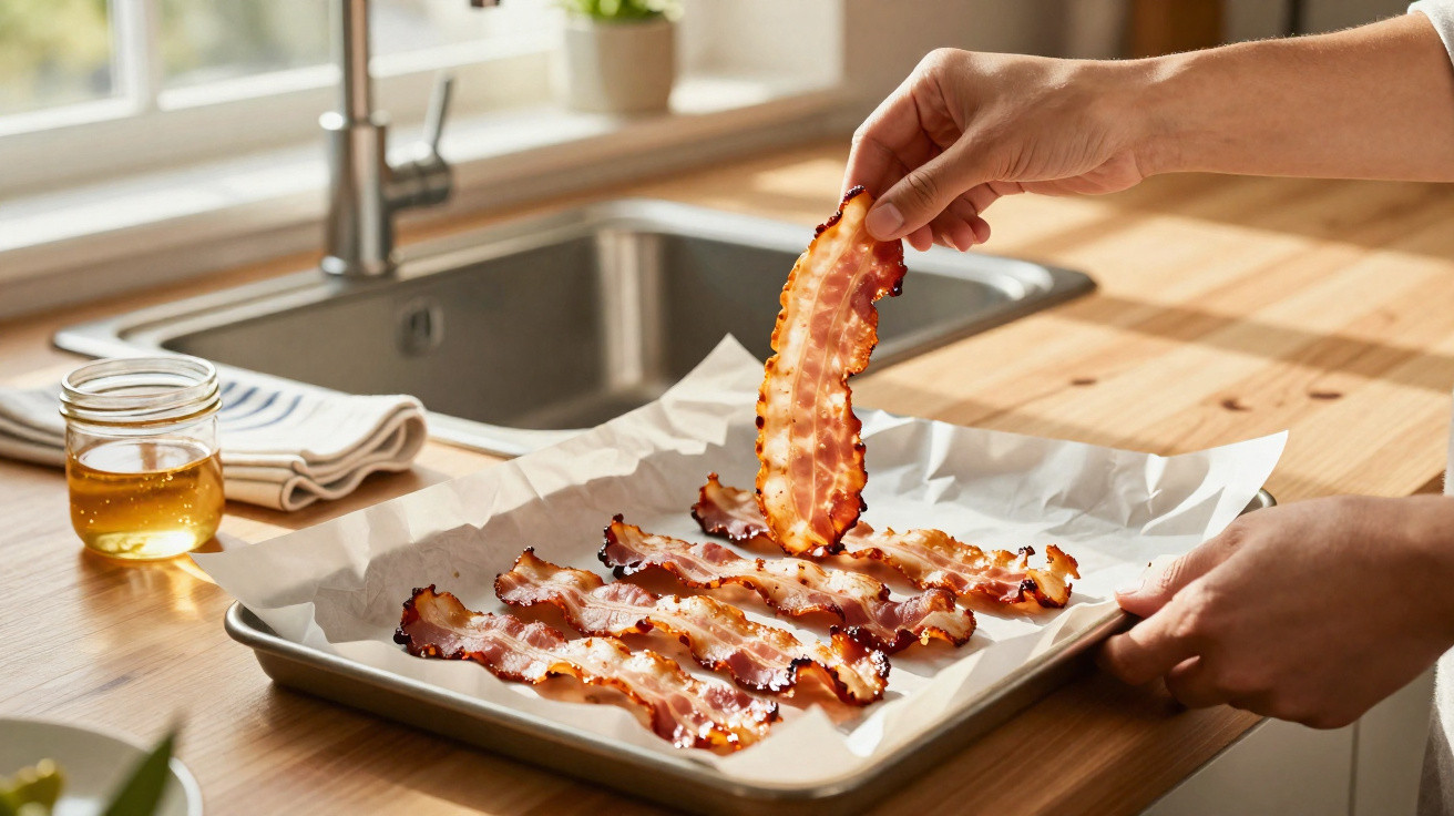 Hand holding a strip of cooked crispy bacon over a tray lined with parchment paper in a kitchen.