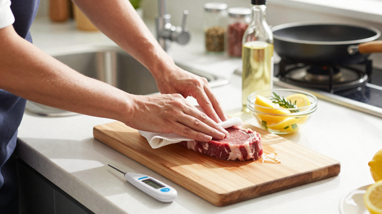 Hands drying a raw steak on a wooden chopping board with a digital meat thermometer and bowl of lemon slices nearby