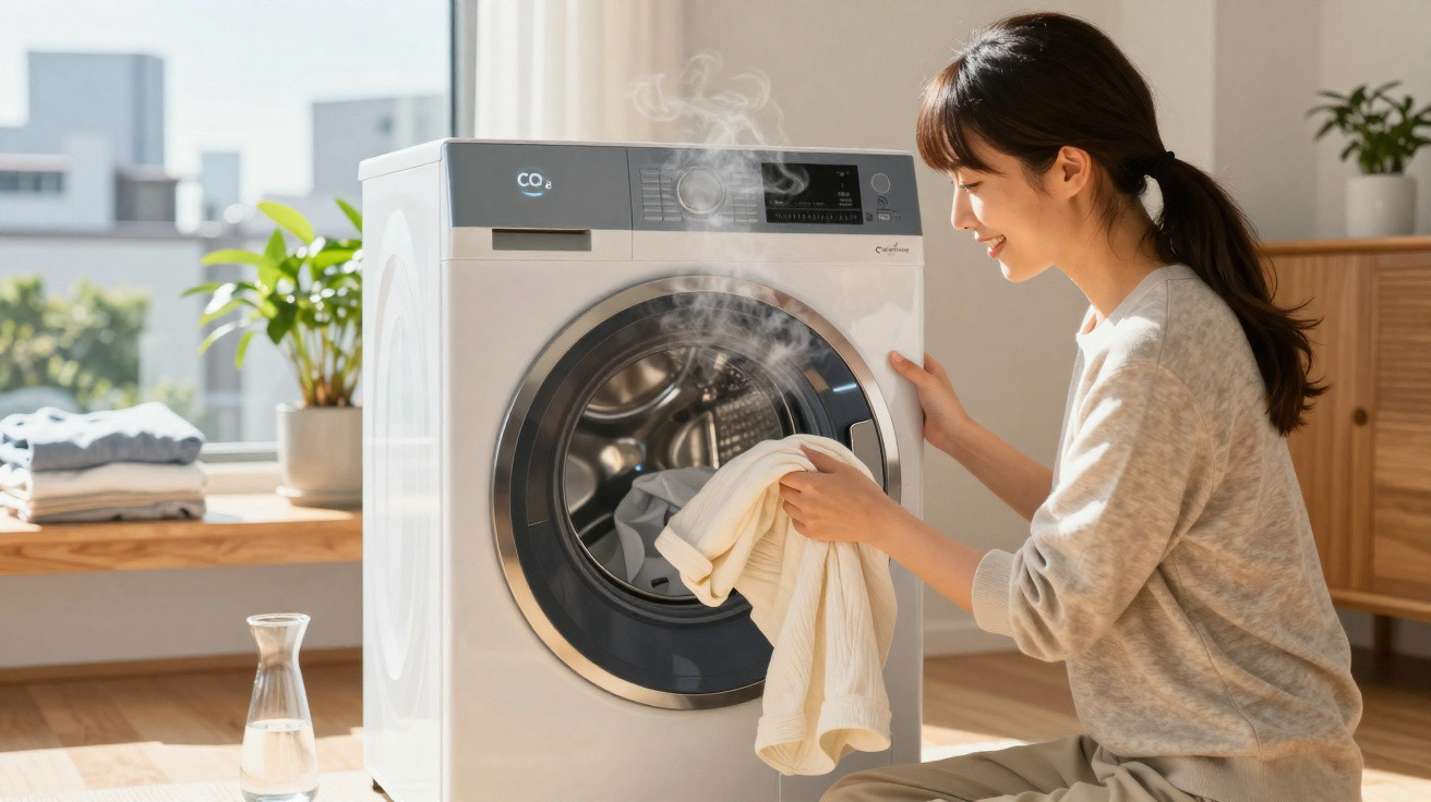 Woman removing steaming clothes from a front-loading washing machine in a bright, sunny room.