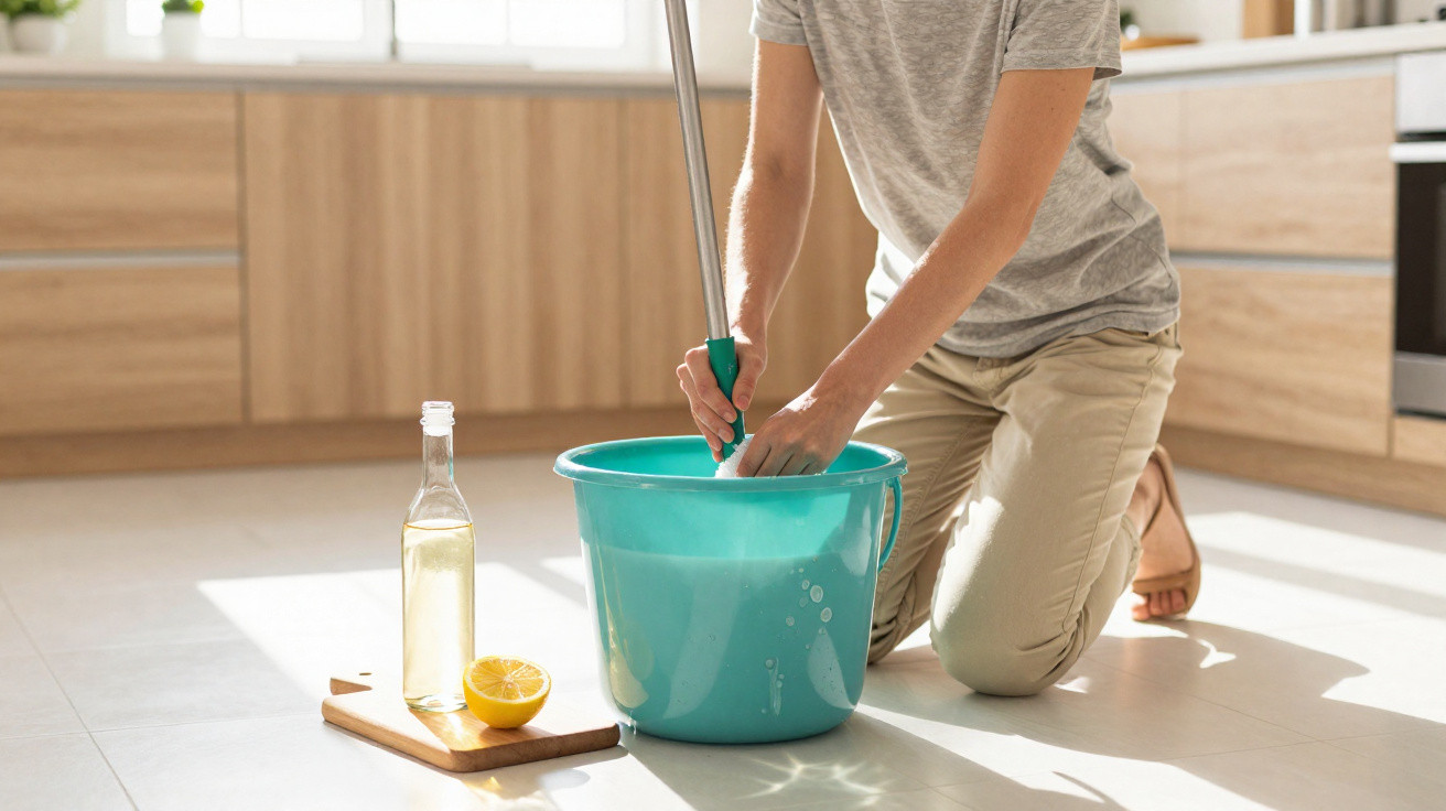 Person wringing mop into blue bucket on kitchen floor next to bottle and lemon on chopping board