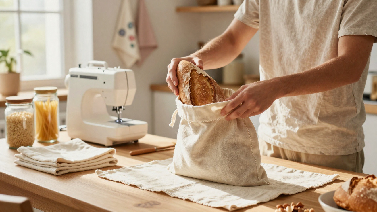 Person placing a loaf of bread into a reusable cotton bag on a wooden kitchen table with a sewing machine nearby.