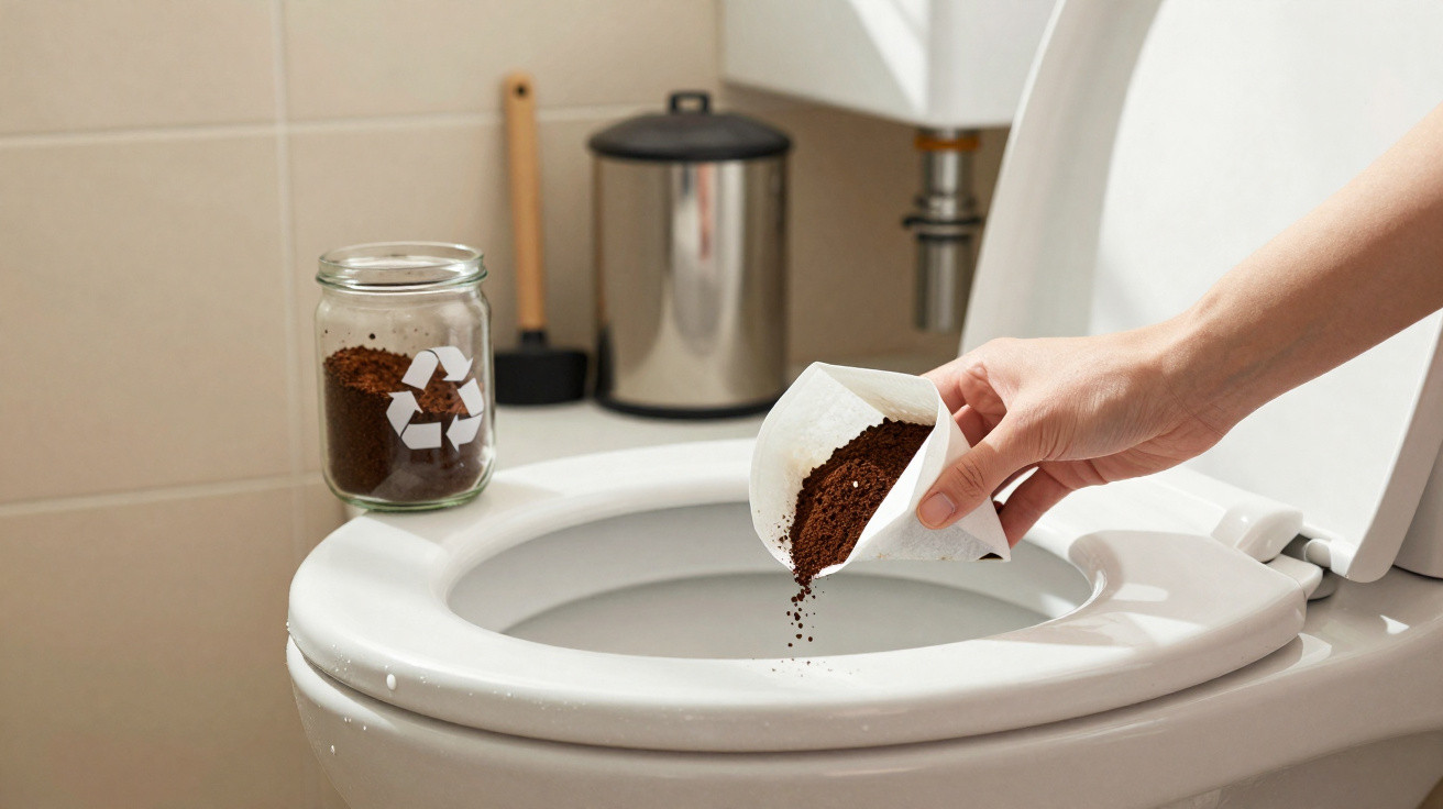 Hand pouring coffee grounds from a filter paper into a toilet bowl for natural cleaning.