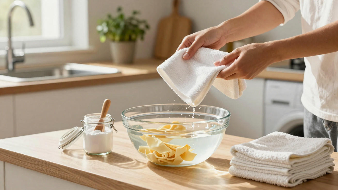 Person wringing water from a white cloth above a bowl with yellow fabric in a sunlit kitchen.