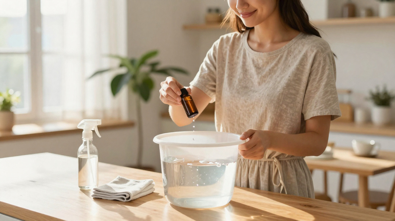 Woman adding drops from a small bottle into a water-filled plastic basin on a wooden kitchen table.