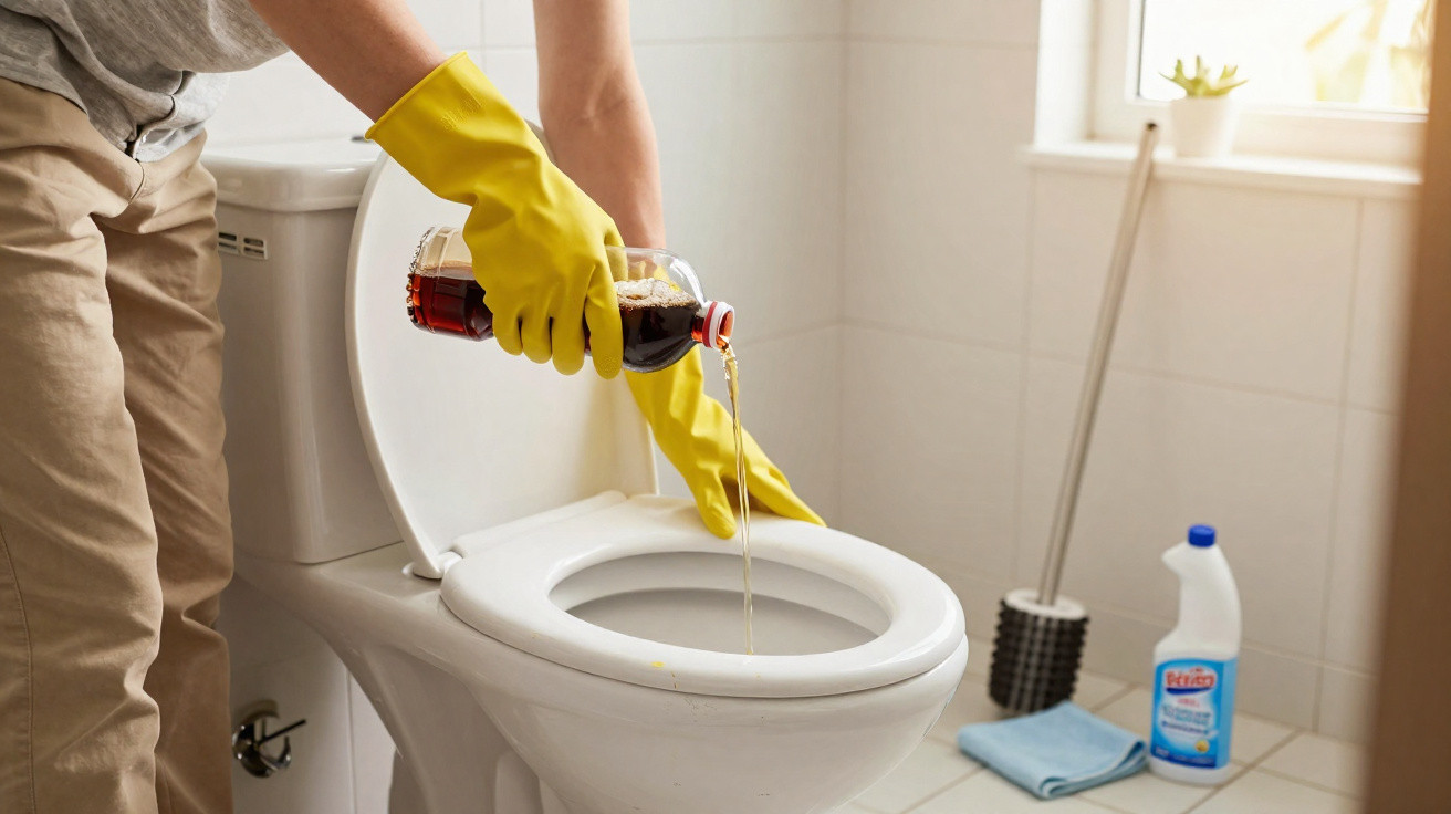 Person wearing yellow gloves pouring soda into a white toilet in a bright bathroom.