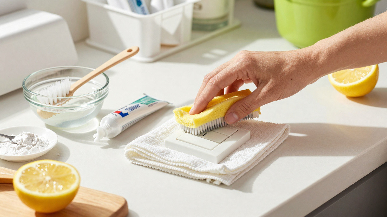 Hand cleaning light switch with a brush and natural cleaning ingredients like lemon and baking soda nearby