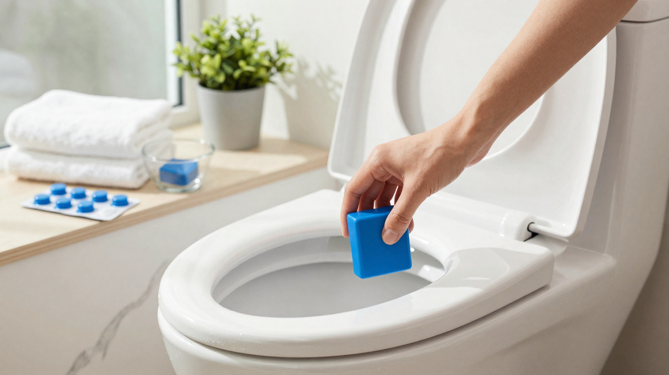 Hand placing a blue cleaning tablet inside a white toilet bowl with bathroom items in the background.