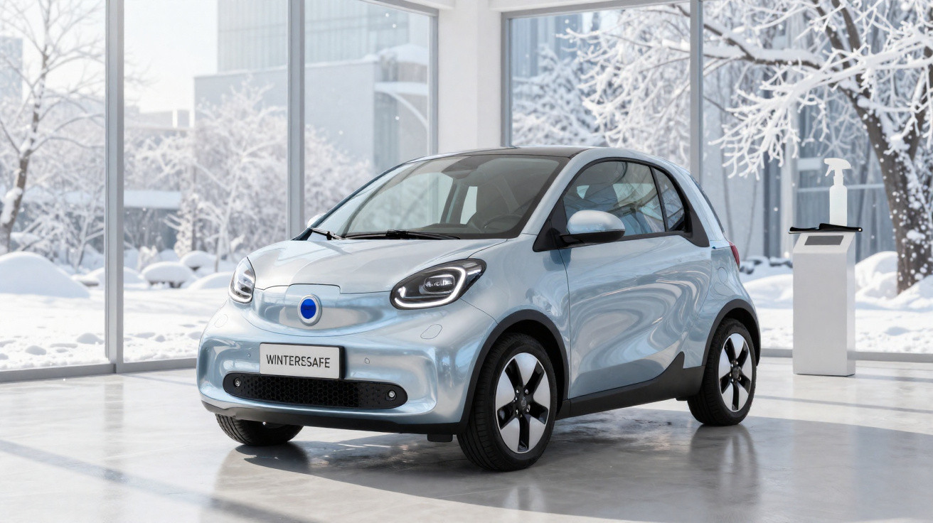 Compact silver electric car displayed indoors with snowy winter scene visible through large windows.